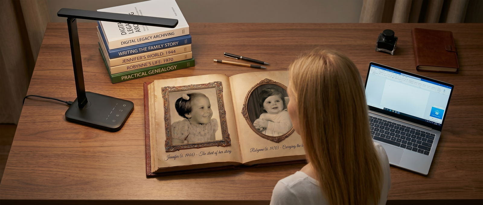 Three generations — Jennifer, Robynne, and daughter — looking at a family photo album at a warm desk